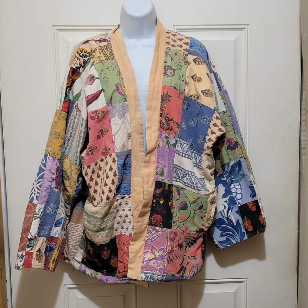 Vintage PONDICHERRI Multi-Color Cotton Patchwork Kimono Boho Festival Jacket